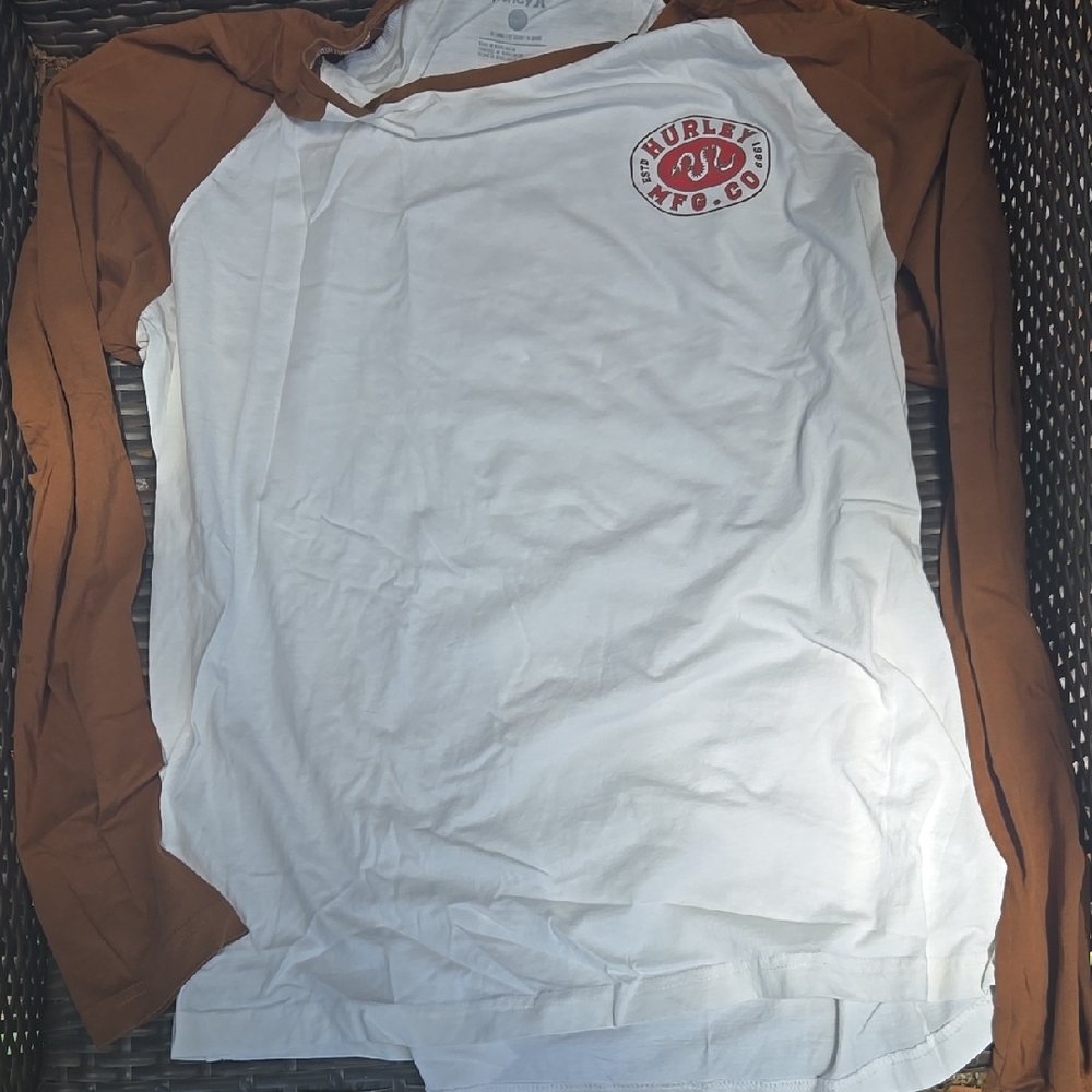 Hurley White and Brown Long Sleeve Baseball Shirt